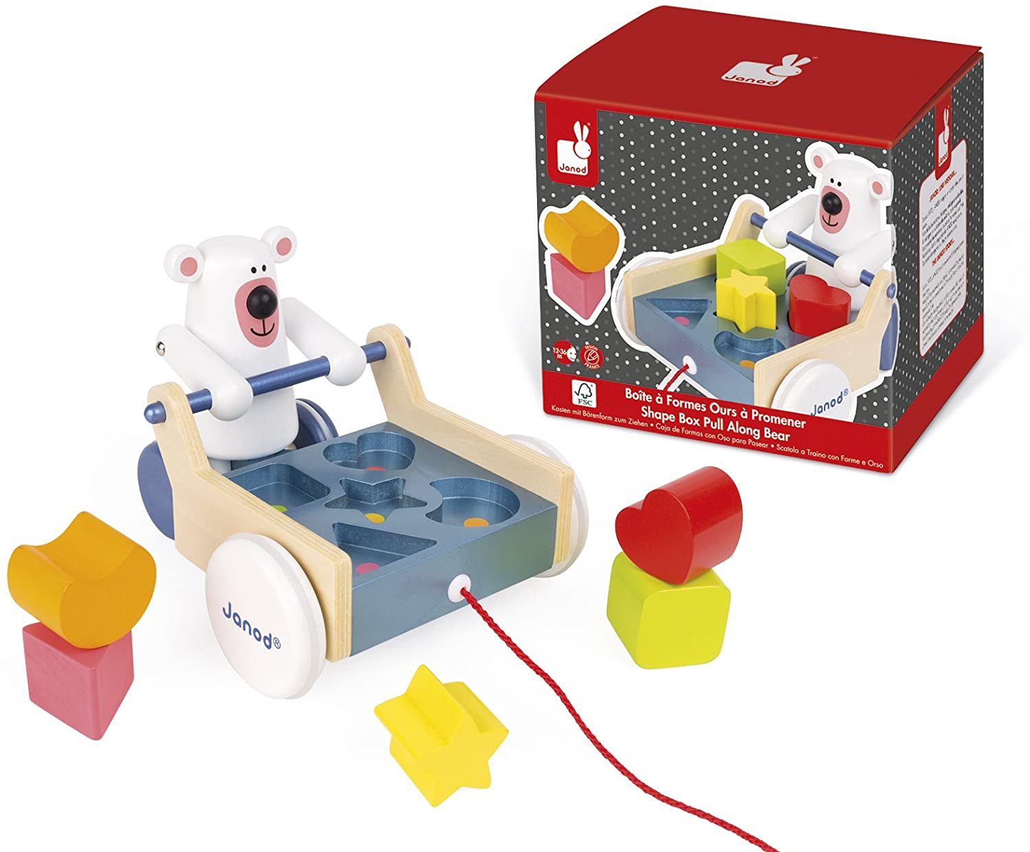 Janod Zigolos Pull Along Shape Box Bear Baby Toy