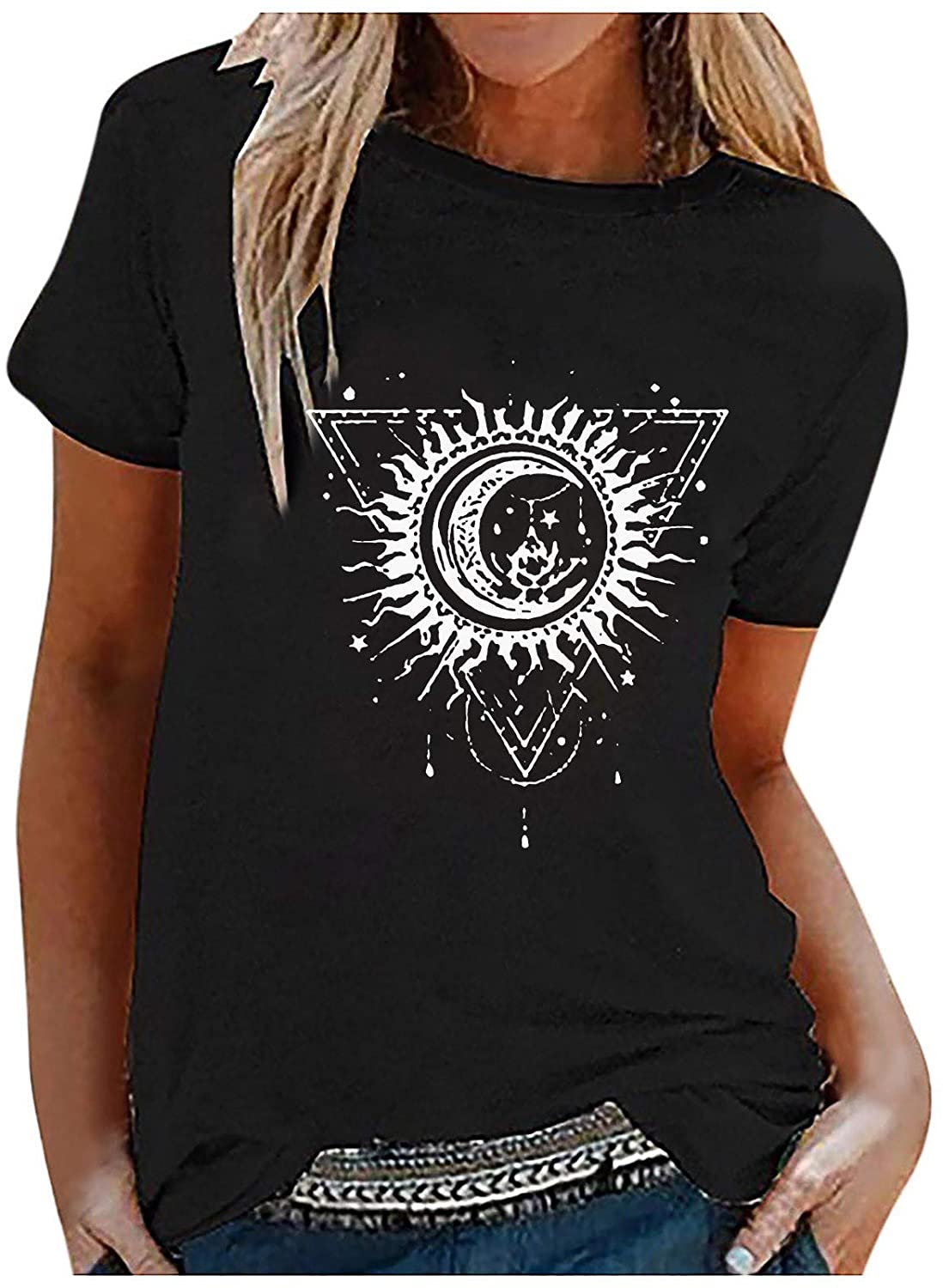 Dosoop Womens Short Sleeve Tops,Womens Loose T-Shirts Casual Sun Moon Print Short Sleeves O-Neck Blo