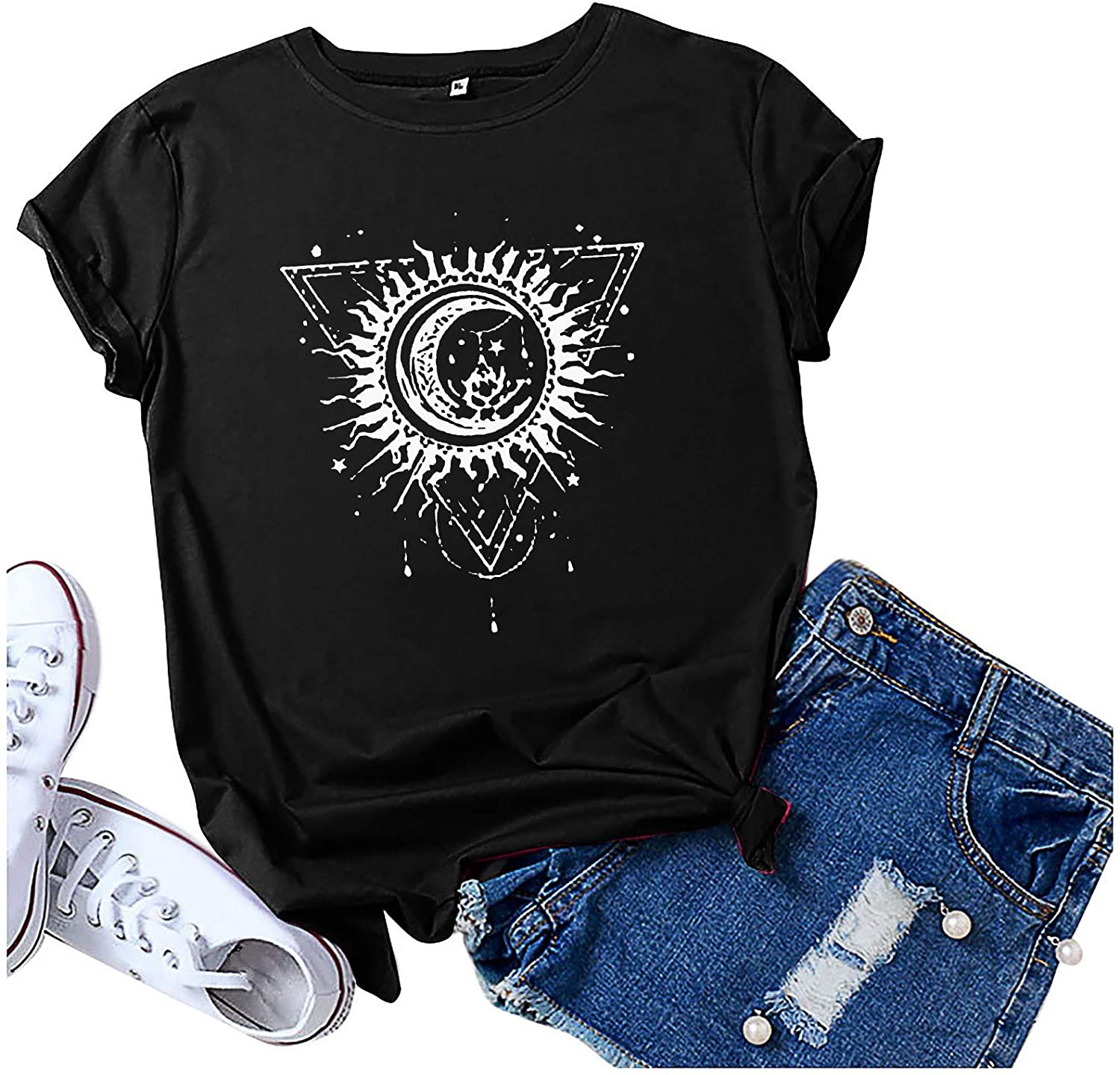 Dosoop Womens Short Sleeve Tops,Womens Loose T-Shirts Casual Sun Moon Print Short Sleeves O-Neck Blo