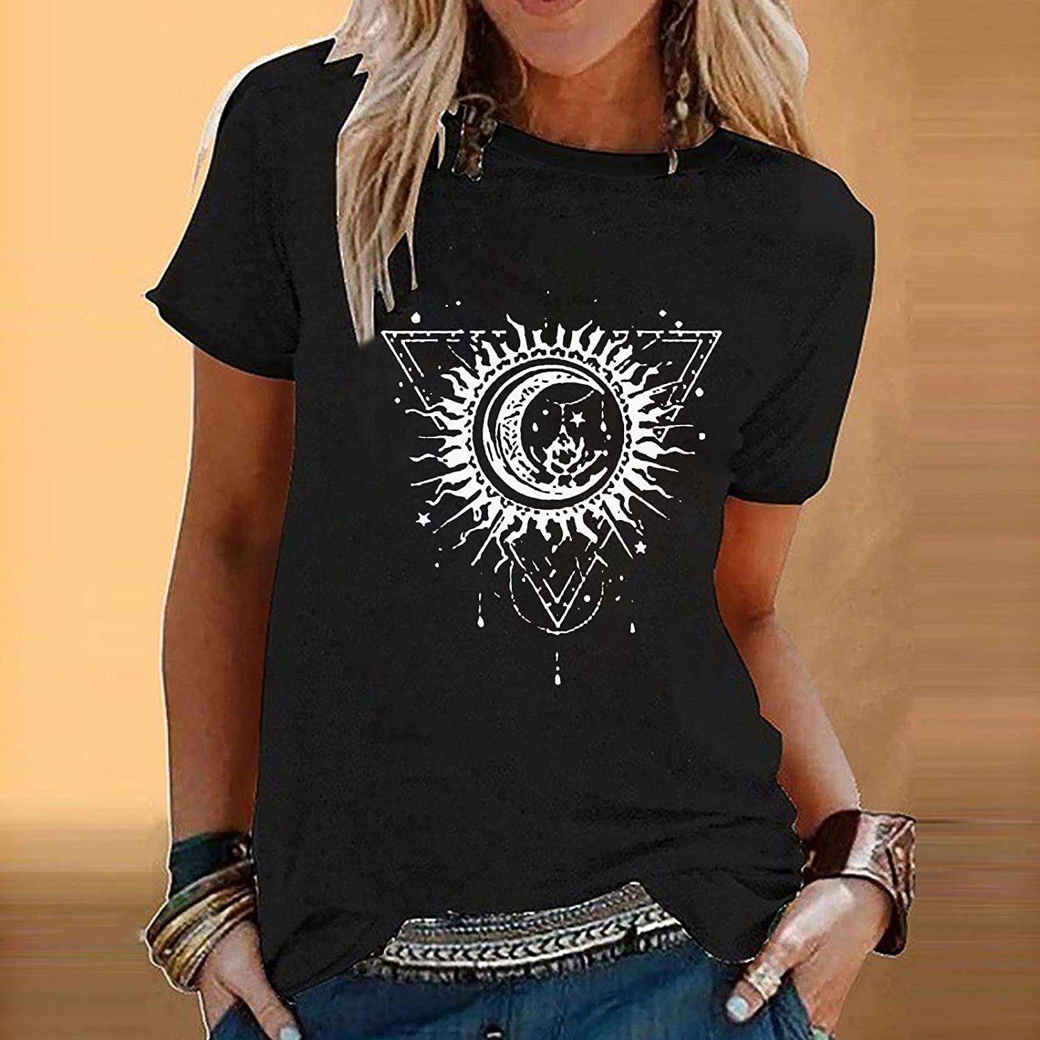 Dosoop Womens Short Sleeve Tops,Womens Loose T-Shirts Casual Sun Moon Print Short Sleeves O-Neck Blo