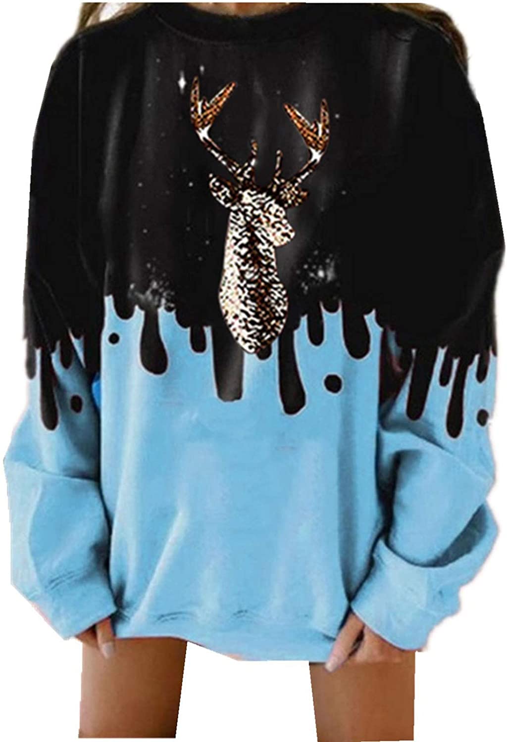 Dosoop Womens Christmas Casual Loose Crewneck Long Sleeve Sweatshirts Tie Dye Soft Reindeer Pullover