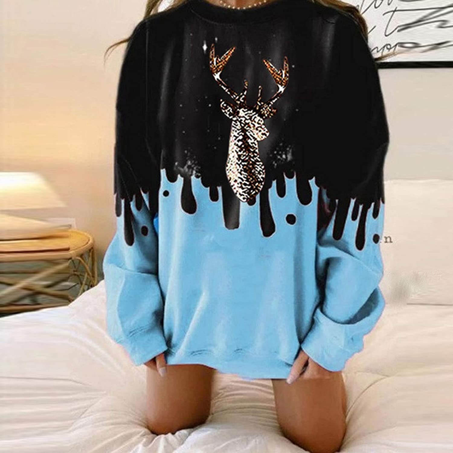 Dosoop Womens Christmas Casual Loose Crewneck Long Sleeve Sweatshirts Tie Dye Soft Reindeer Pullover