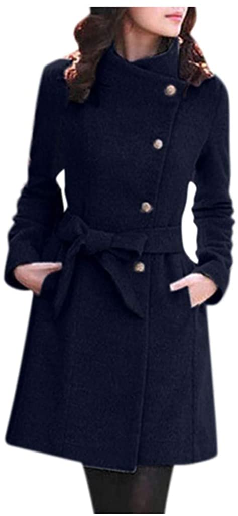 WUAI-Women Winter Lapel Wool Trench Coat Jackets Thick Warm Long Pea Coat Outerwear Overcoat