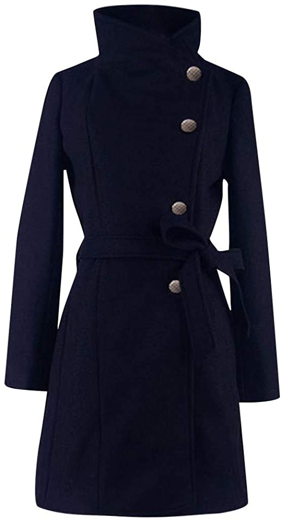 WUAI-Women Winter Lapel Wool Trench Coat Jackets Thick Warm Long Pea Coat Outerwear Overcoat