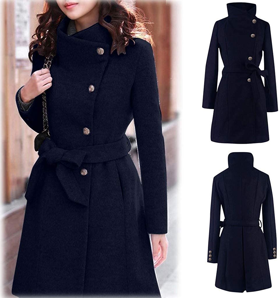 WUAI-Women Winter Lapel Wool Trench Coat Jackets Thick Warm Long Pea Coat Outerwear Overcoat