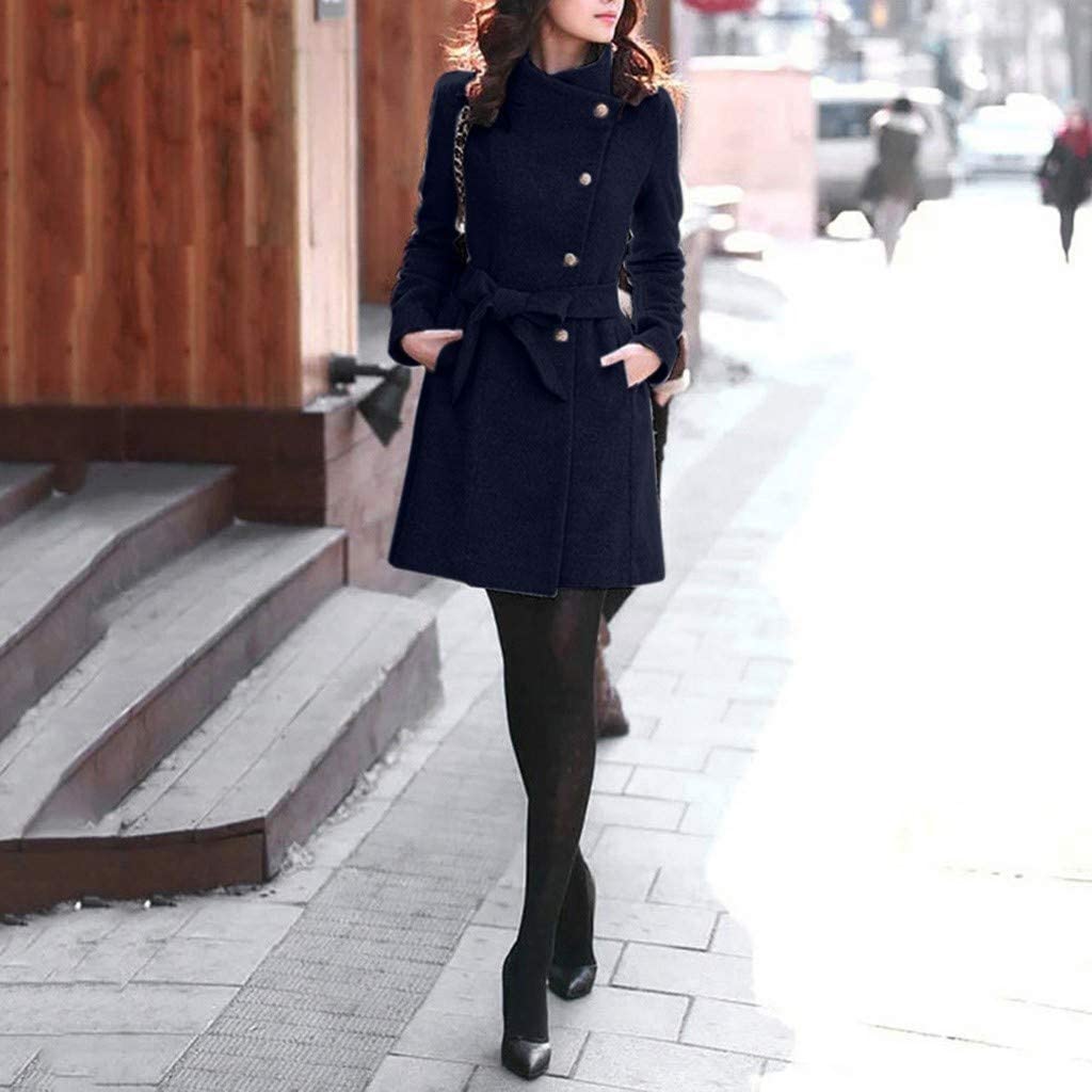 WUAI-Women Winter Lapel Wool Trench Coat Jackets Thick Warm Long Pea Coat Outerwear Overcoat