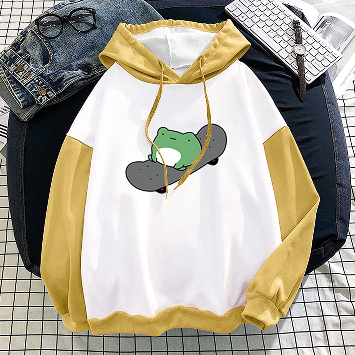 Womens Long Sleeve Hoodies Tops Cute Skateboarding Frog Printed Sweatshirt Long Sleeve Hoodie Fall P
