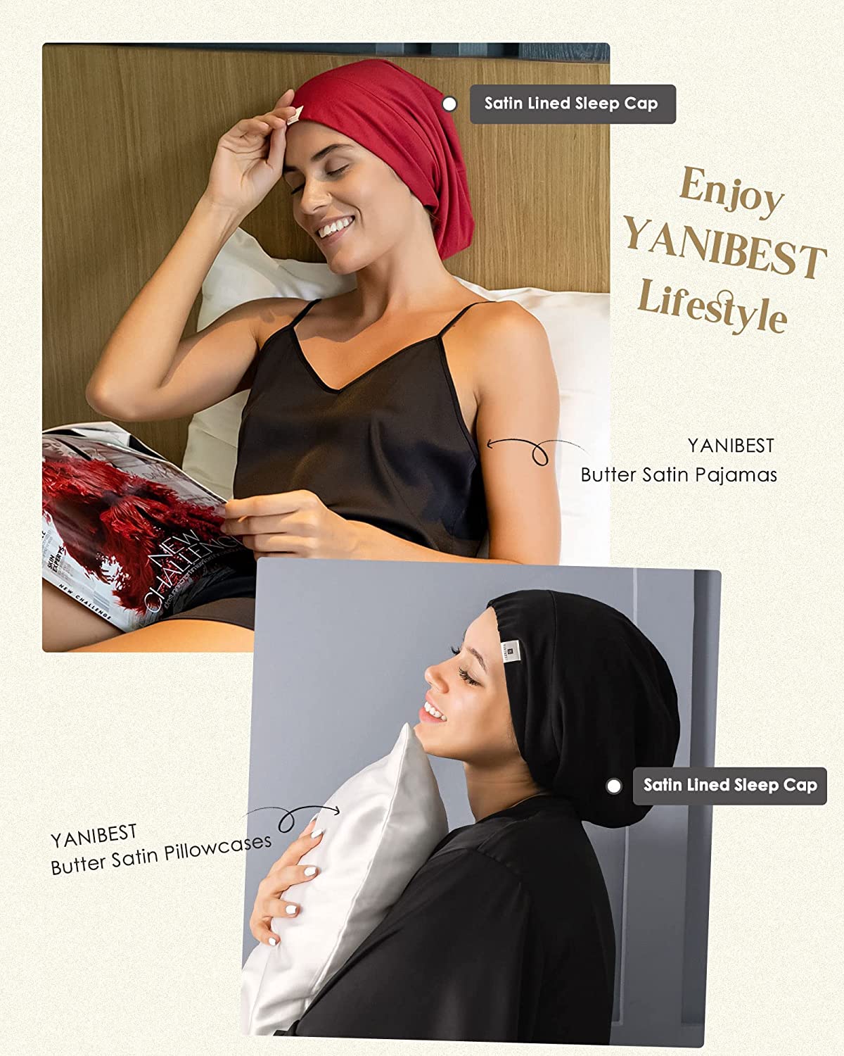 YANIBEST Silk Satin Bonnet Hair Cover Sleep Cap - Adjustable Stay on Silk Lined Slouchy Beanie Hat f