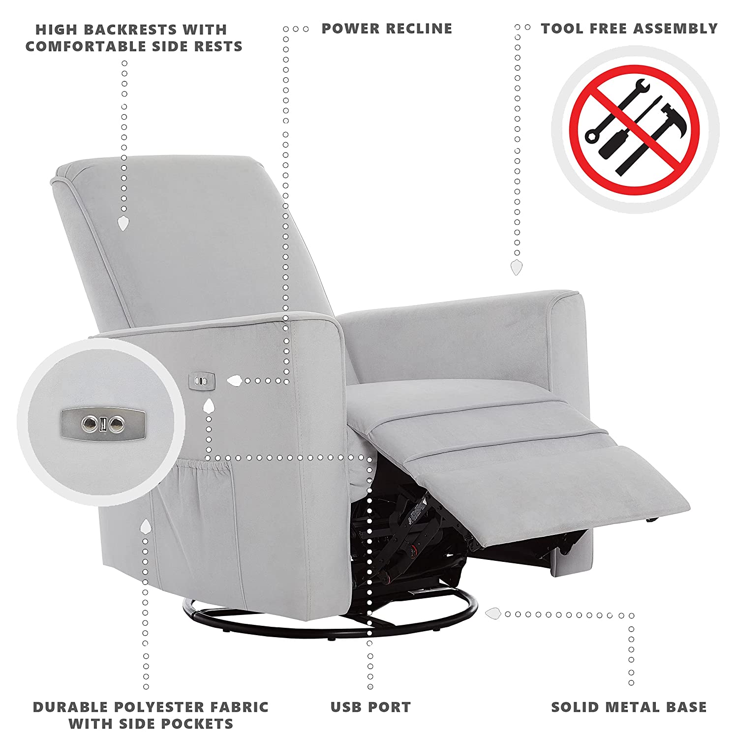 Evolur Harlow Deluxe Glider | Recliner | Rocker | Grey