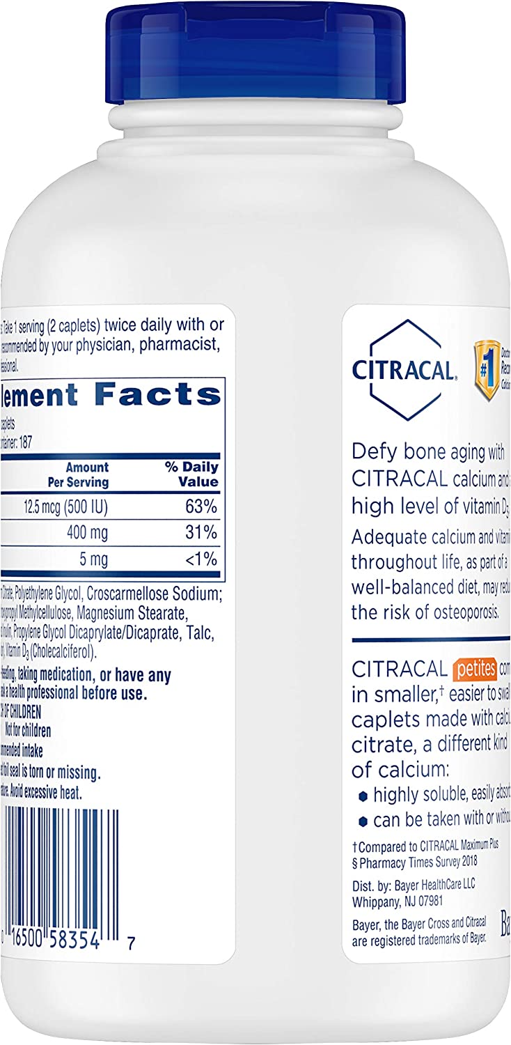 Citracal Petites, Highly Soluble, Easily Digested, 400 mg Calcium Citrate with 500 IU Vitamin D3, Bo
