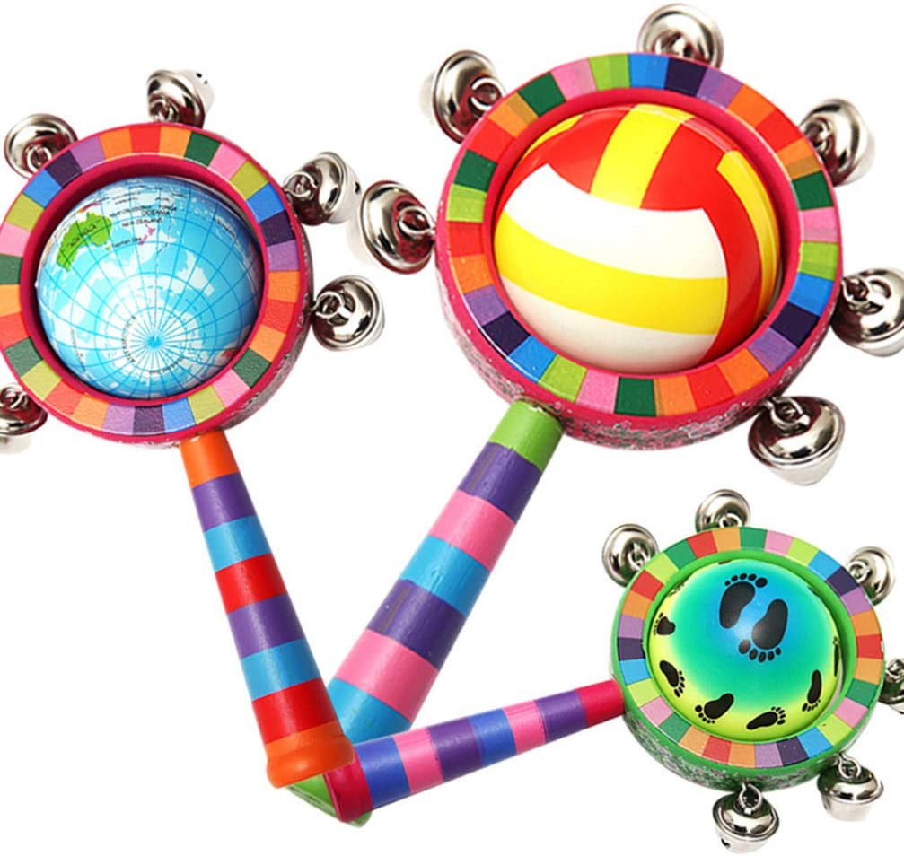 NUOBESTY Baby Rattle Toys Wooden Bells Jingle Stick Shaker with Rainbow Handle Mini Globe Baby Grab