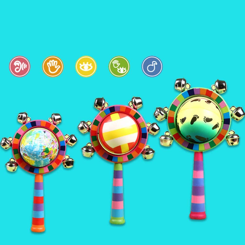 NUOBESTY Baby Rattle Toys Wooden Bells Jingle Stick Shaker with Rainbow Handle Mini Globe Baby Grab