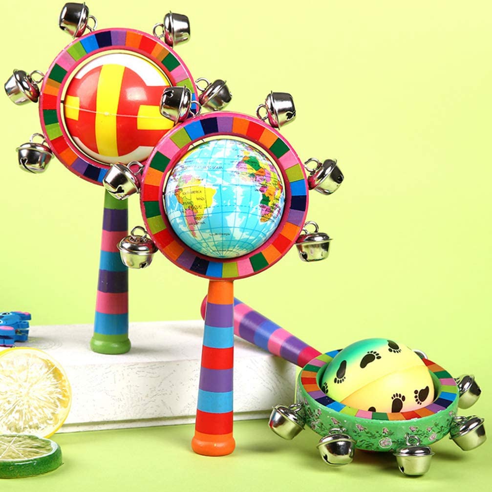NUOBESTY Baby Rattle Toys Wooden Bells Jingle Stick Shaker with Rainbow Handle Mini Globe Baby Grab