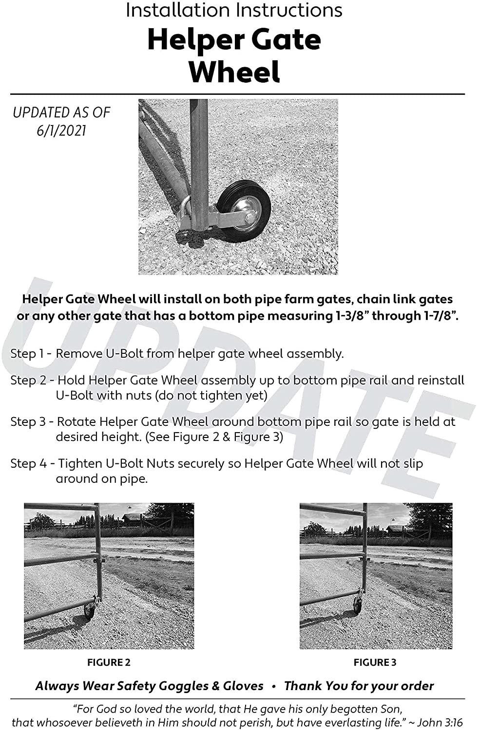 Gate Helper Wheel for Supporting Gates with 1-3/8