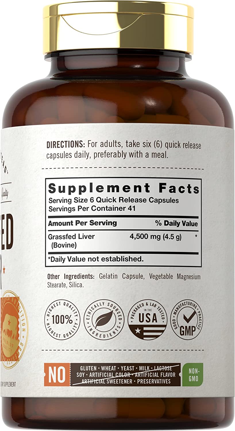 Grassfed Beef Liver Capsules 4500mg | 250 Count | Desiccated Supplement | Non-GMO, Gluten Free | by