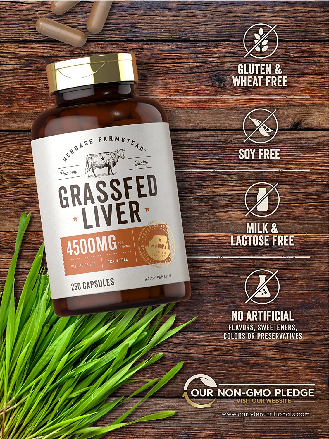 Grassfed Beef Liver Capsules 4500mg | 250 Count | Desiccated Supplement | Non-GMO, Gluten Free | by