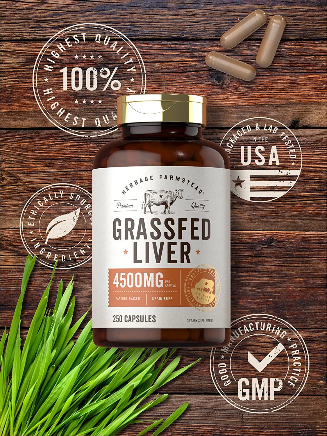 Grassfed Beef Liver Capsules 4500mg | 250 Count | Desiccated Supplement | Non-GMO, Gluten Free | by