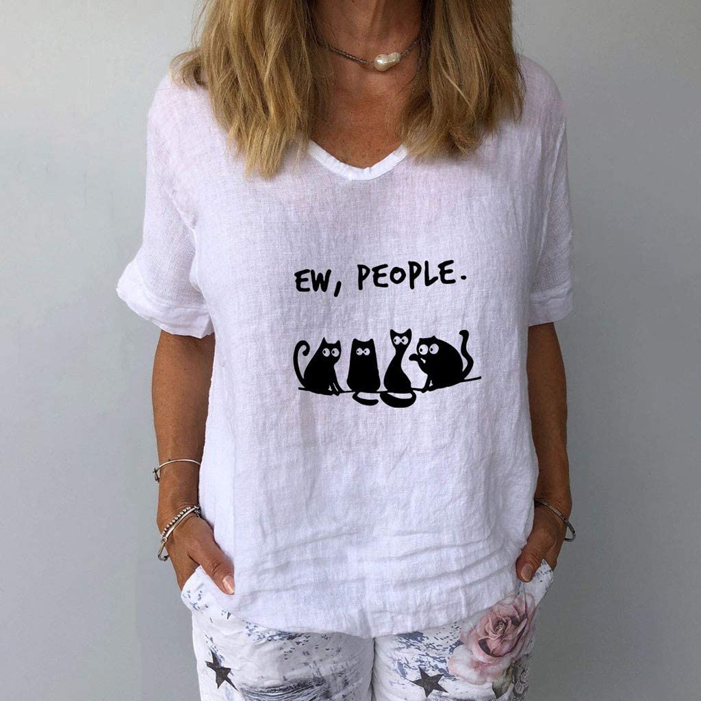 Dosoop EW People Letter Print Linen Shirts Women Summer Short Sleeve Basic V Neck Casual Loose T-Shi