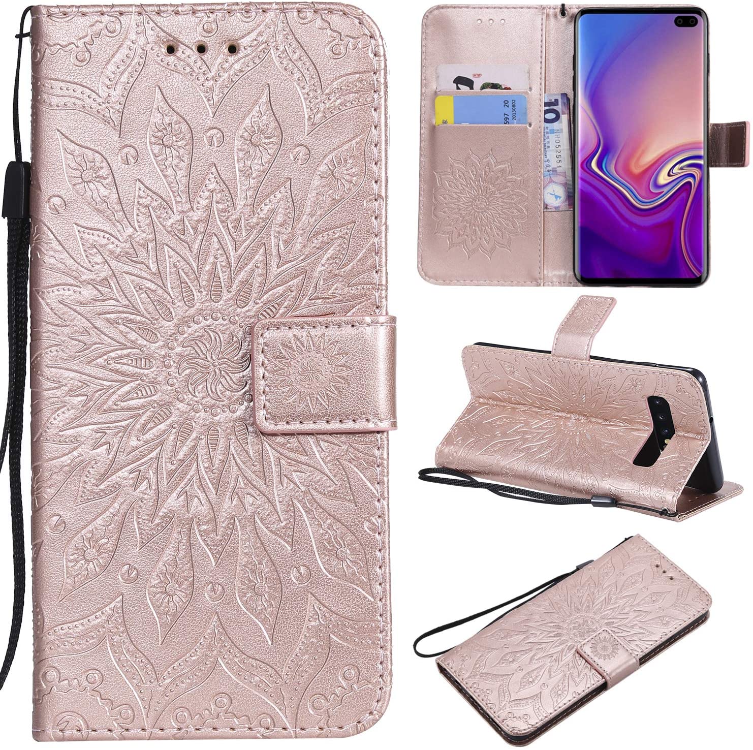 Cfrau Kickstand Wallet Case with Black Stylus for Samsung Galaxy S10 Plus,Retro Mandala Sunflower PU