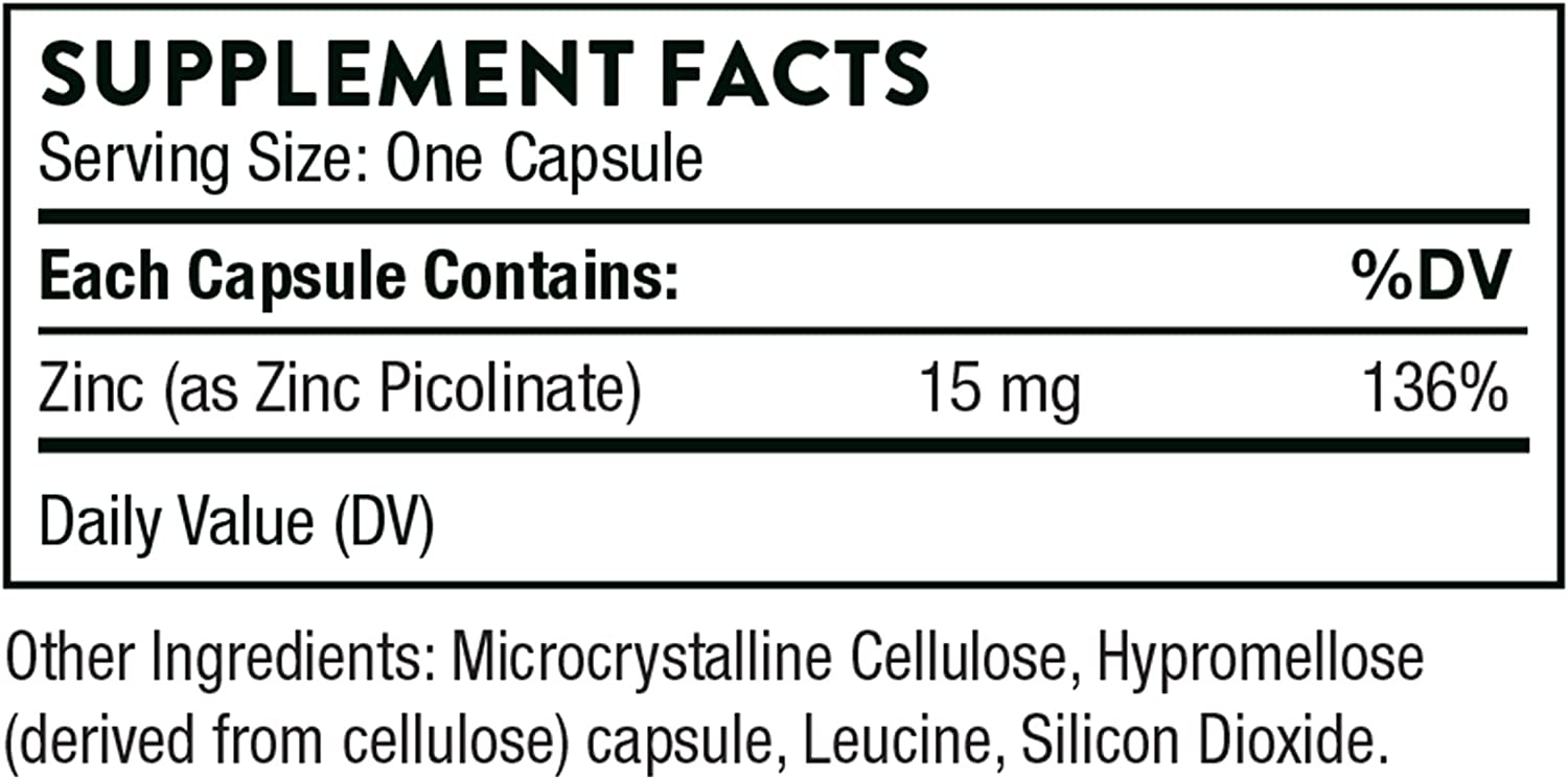 Thorne Zinc Picolinate 15mg - Highly Absorbable Zinc Supplement - Supports Wellness, Immune System,