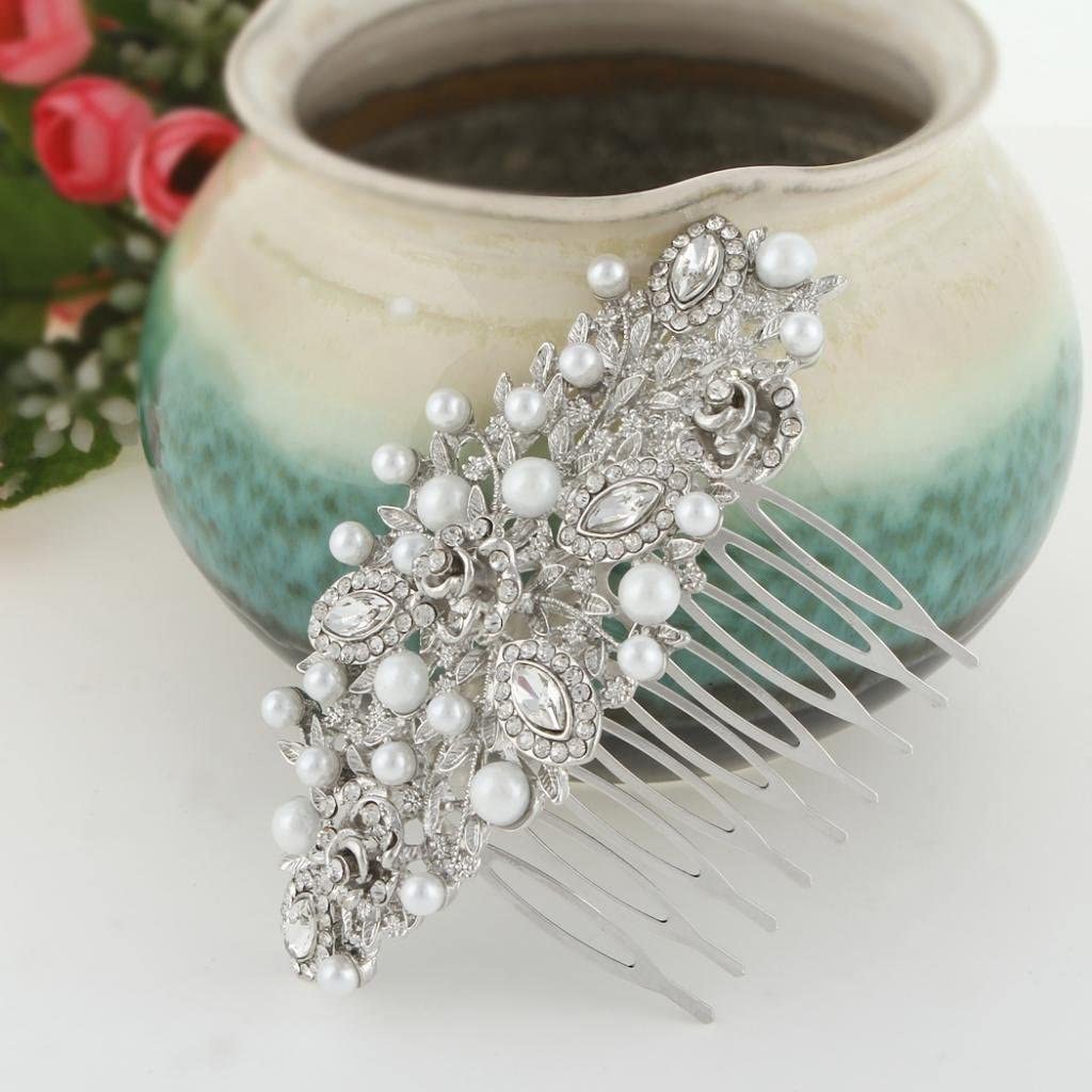 EVER FAITH Austrian Crystal Cream Simulated Pearl Flower Leaf Vine Hair Comb
