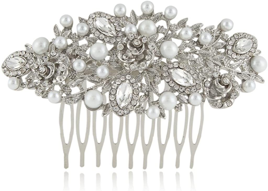 EVER FAITH Austrian Crystal Cream Simulated Pearl Flower Leaf Vine Hair Comb