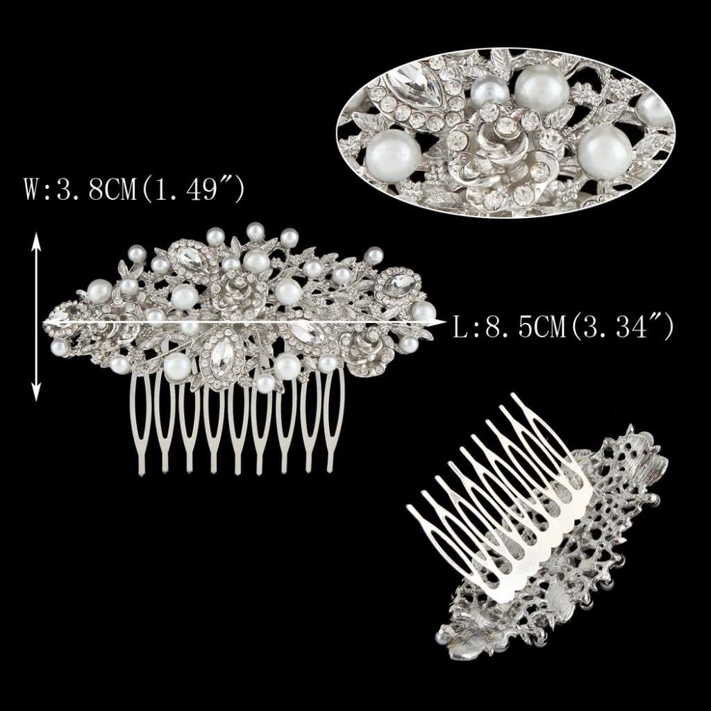 EVER FAITH Austrian Crystal Cream Simulated Pearl Flower Leaf Vine Hair Comb