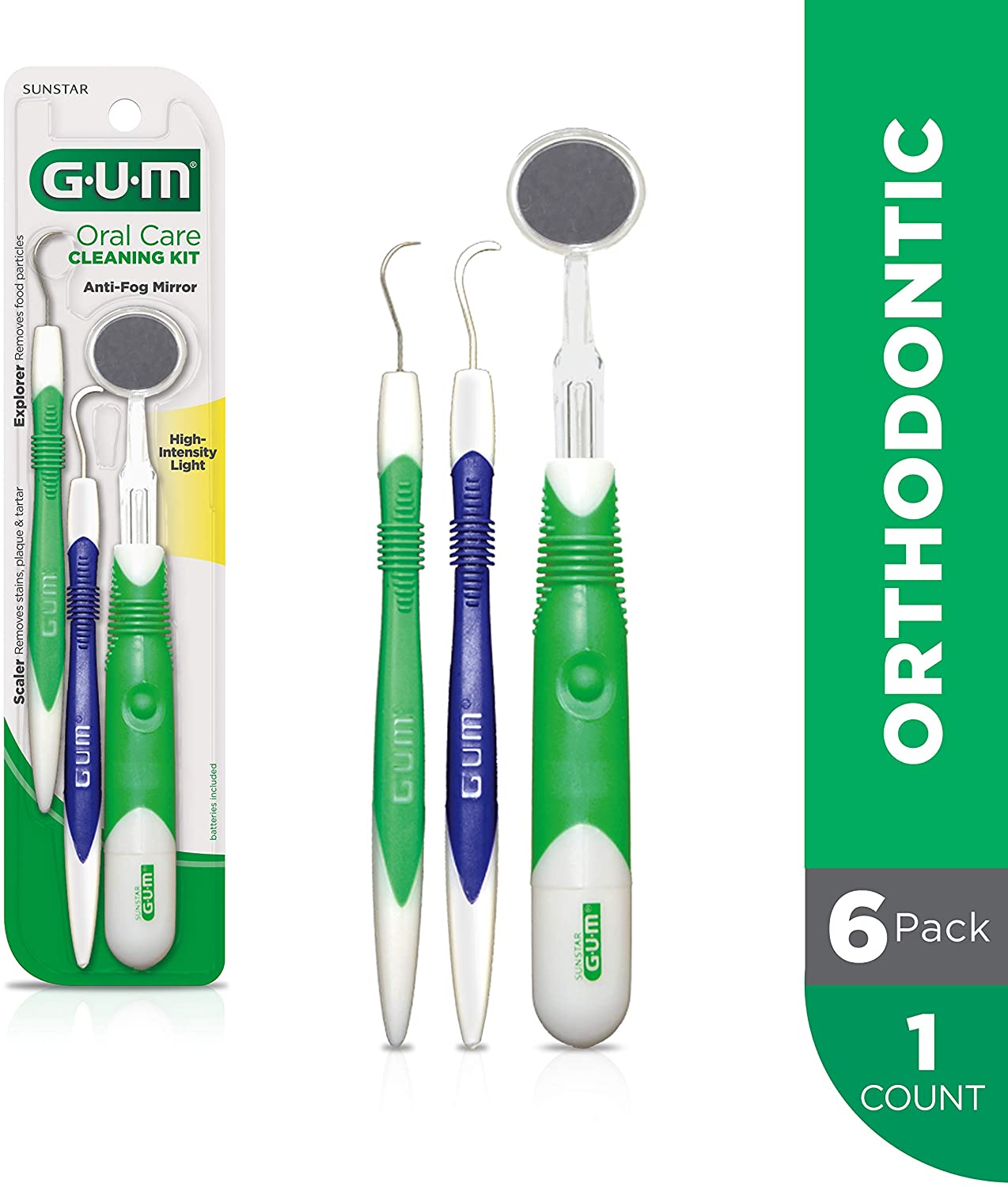 GUM Oral Care Cleaning Kit - Lighted Mirror, Explorer Pick, and Scaler (Pack of 6)