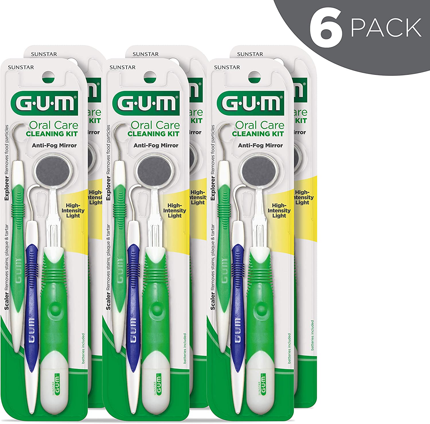 GUM Oral Care Cleaning Kit - Lighted Mirror, Explorer Pick, and Scaler (Pack of 6)