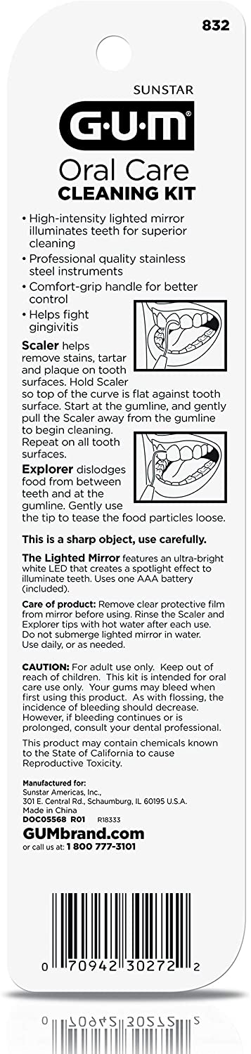 GUM Oral Care Cleaning Kit - Lighted Mirror, Explorer Pick, and Scaler (Pack of 6)