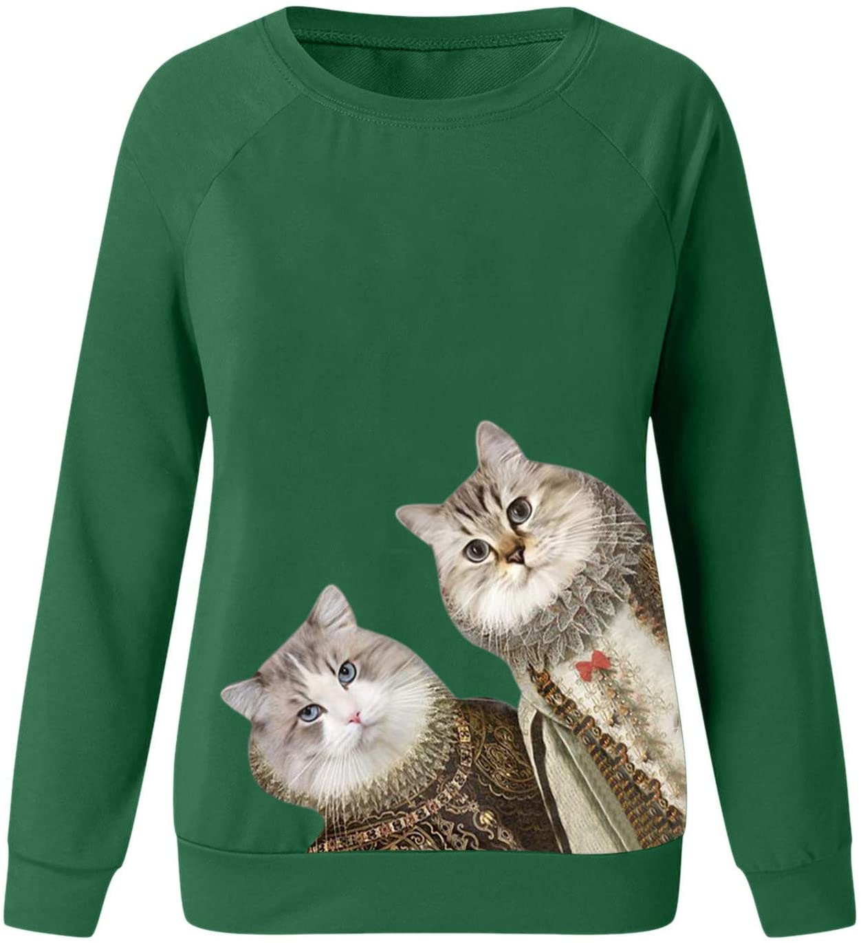 Dosoop Women Long Sleeve Cute Cat Printed O-Neck Tops Sweatshirt Casual Pullover Tunic Shirts Blouse