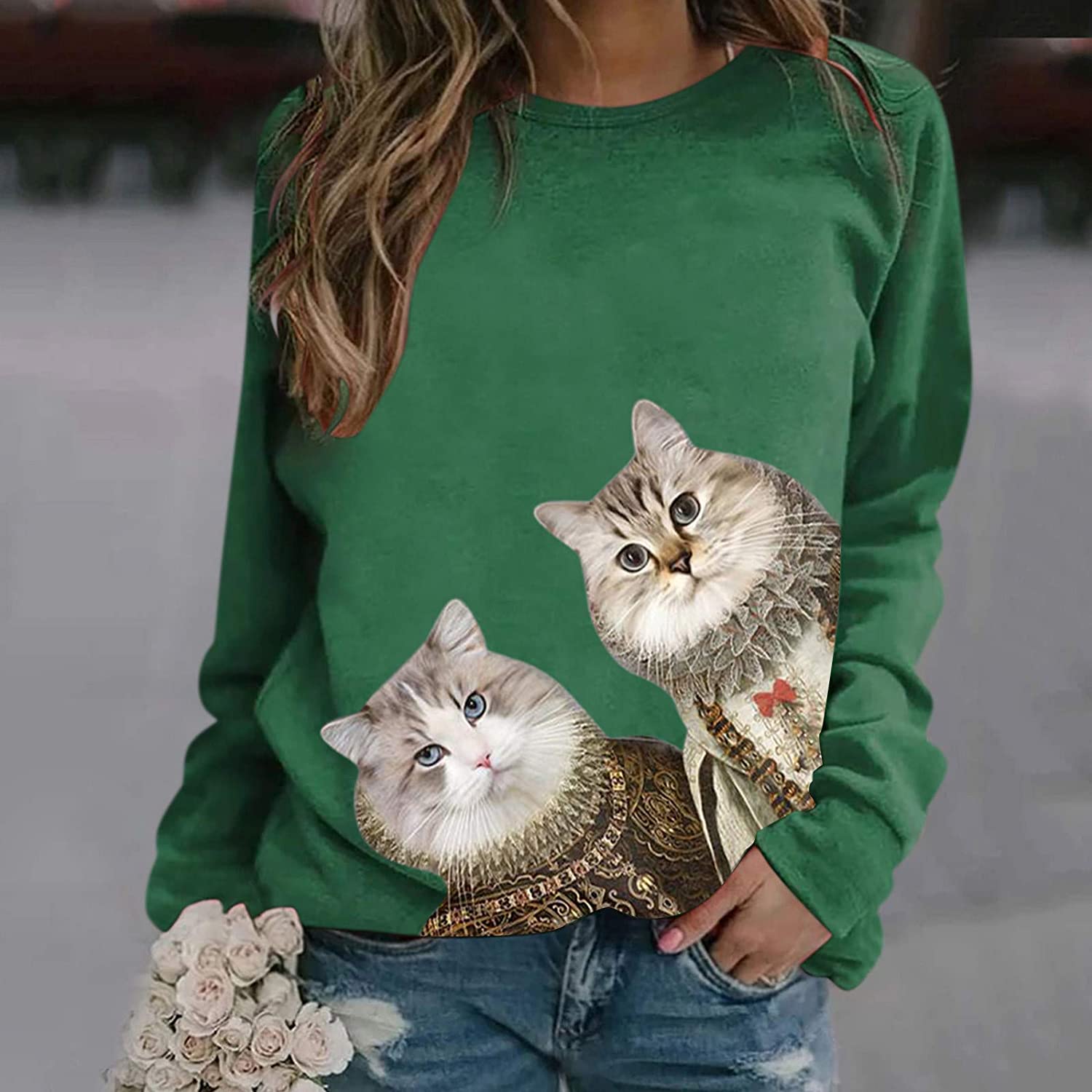 Dosoop Women Long Sleeve Cute Cat Printed O-Neck Tops Sweatshirt Casual Pullover Tunic Shirts Blouse