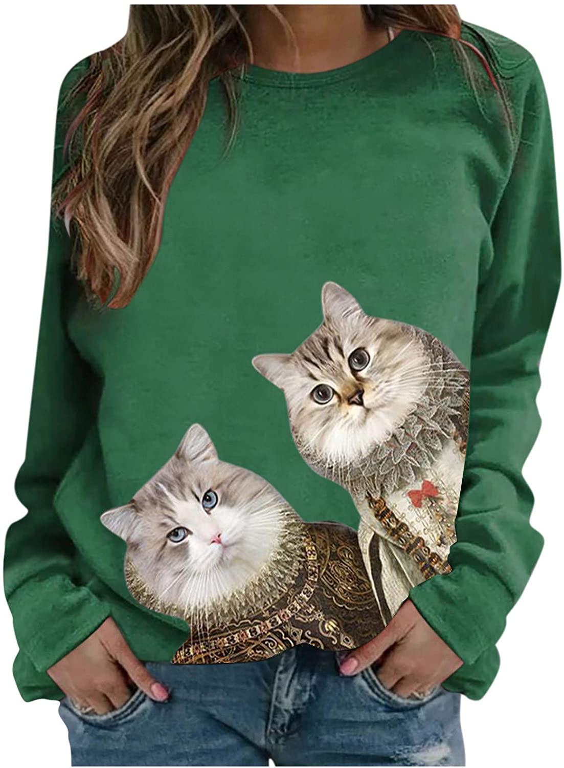 Dosoop Women Long Sleeve Cute Cat Printed O-Neck Tops Sweatshirt Casual Pullover Tunic Shirts Blouse