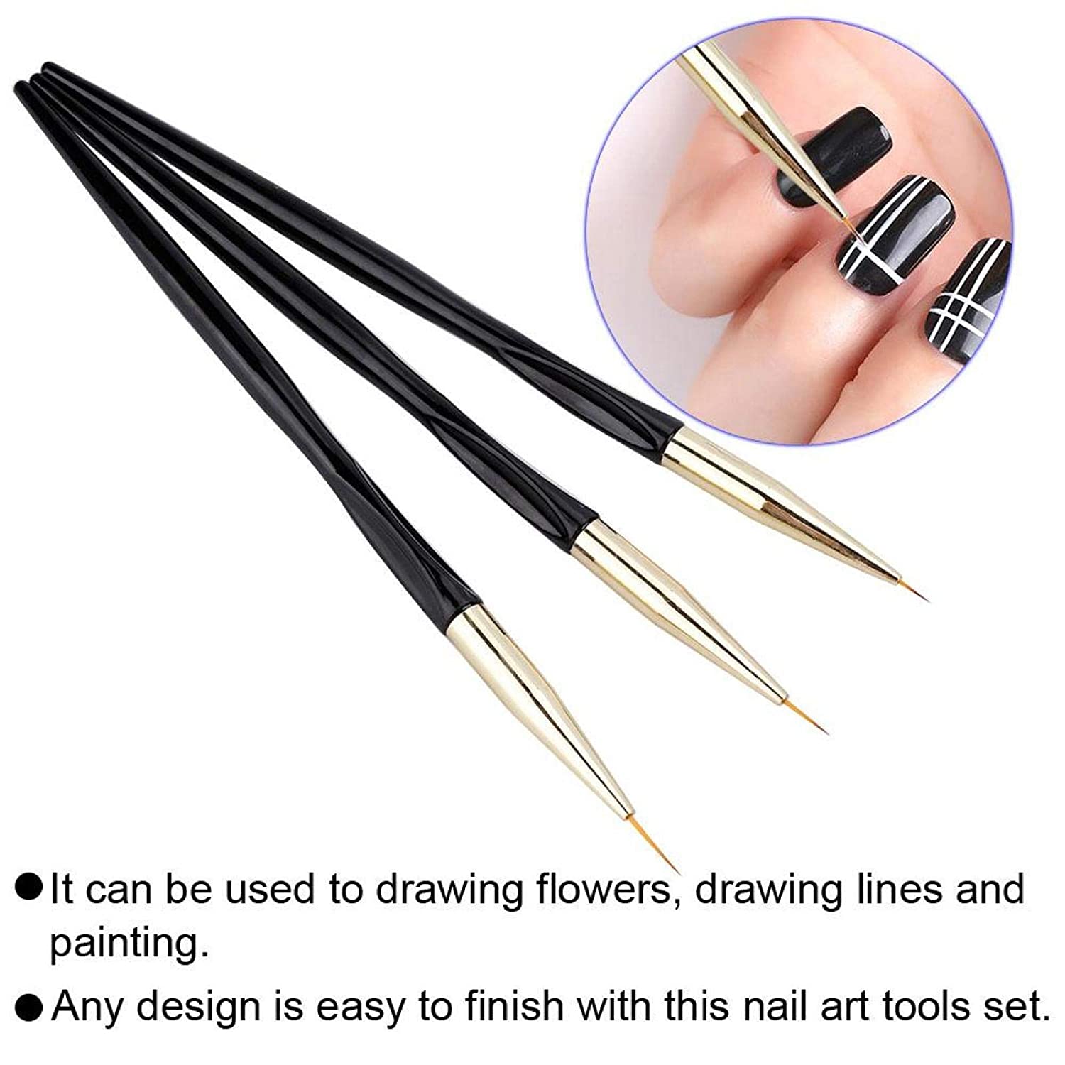 3pcs Nail Art Pens Set Line Drawing Painting Pen Brush Manicure Tool for Nail Art Salon(Black)