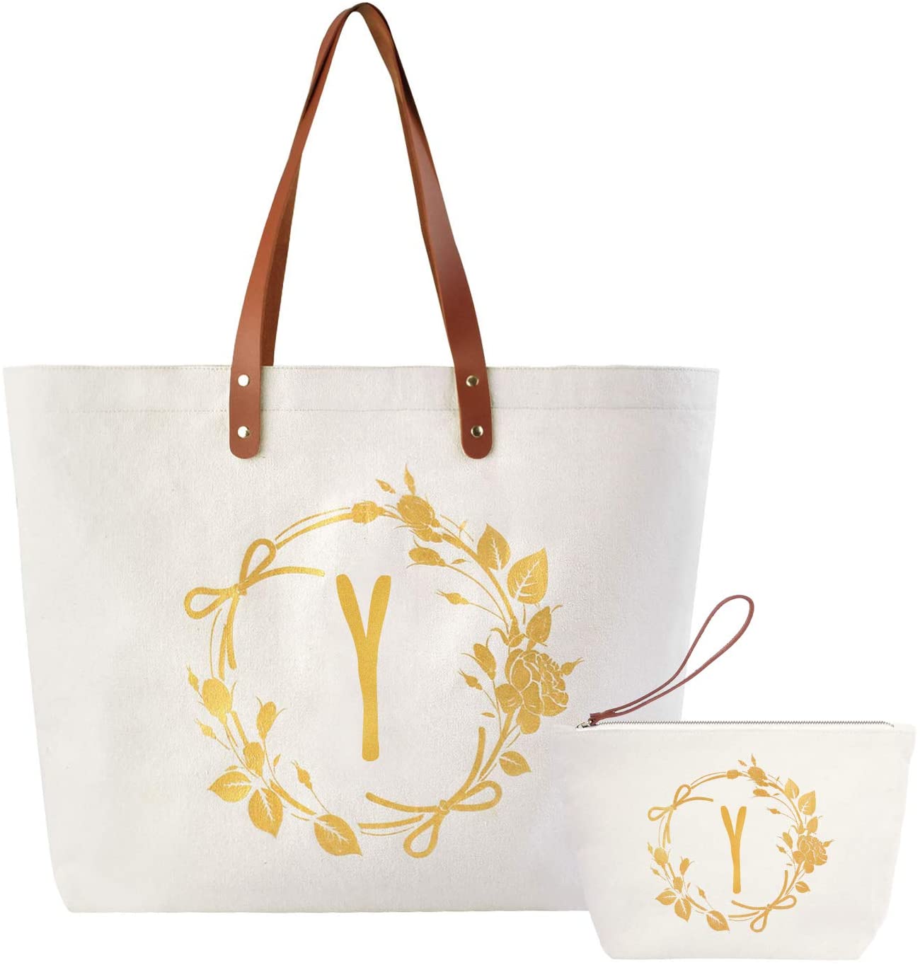 ElegantPark Monogrammed Gifts for Women Y Initial Tote Bag Personalized Makeup Bag Wedding Gifts Bir