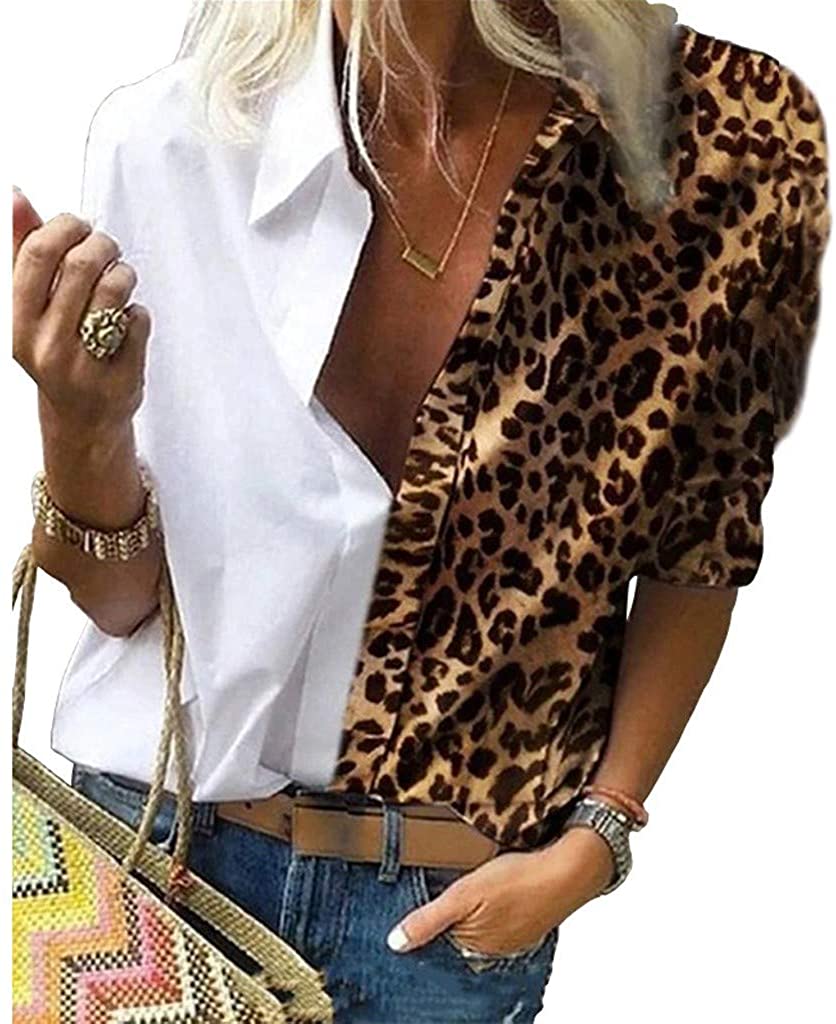 Dosoop Womens Casual Long Sleeve V Neck Leopard Patchwork Long Sleeve Popular Tunic T Shirts Blouses
