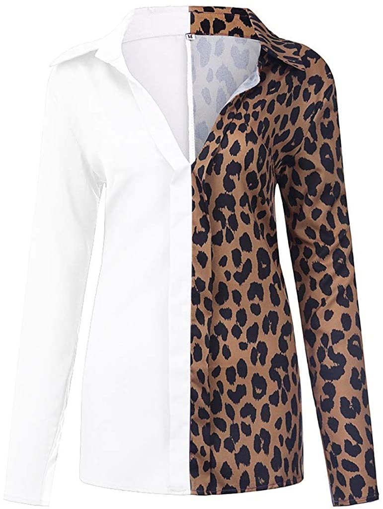 Dosoop Womens Casual Long Sleeve V Neck Leopard Patchwork Long Sleeve Popular Tunic T Shirts Blouses