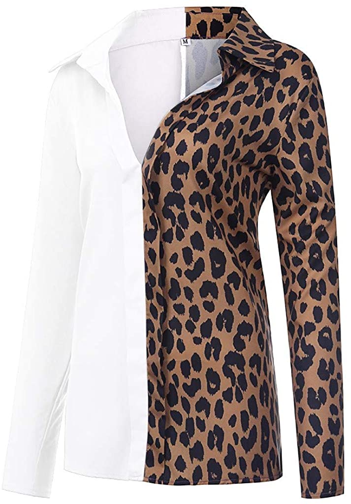 Dosoop Womens Casual Long Sleeve V Neck Leopard Patchwork Long Sleeve Popular Tunic T Shirts Blouses