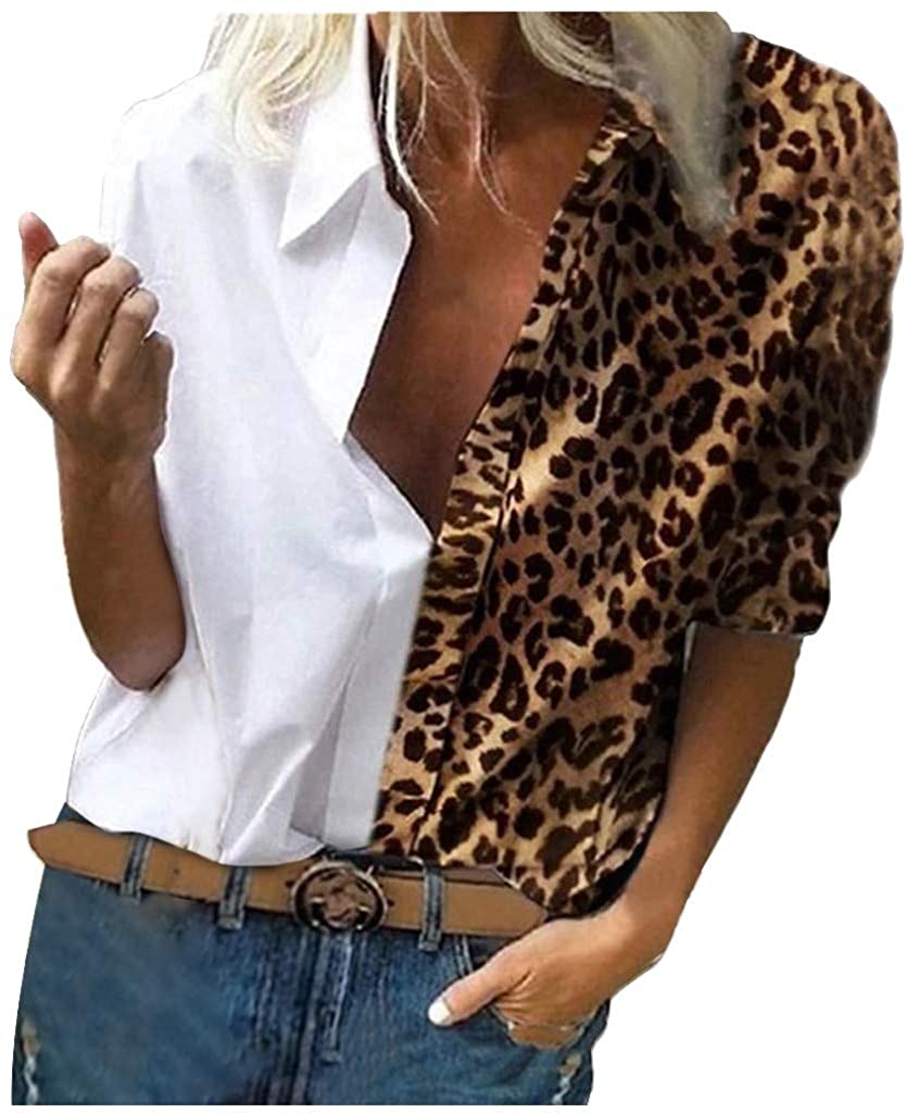 Dosoop Womens Casual Long Sleeve V Neck Leopard Patchwork Long Sleeve Popular Tunic T Shirts Blouses