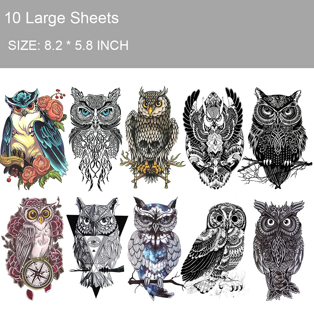 20 Sheets Large Owl Temporary Tattoos for Men Women, Realistic Owl Temporary Tattoo Stickers for Adu
