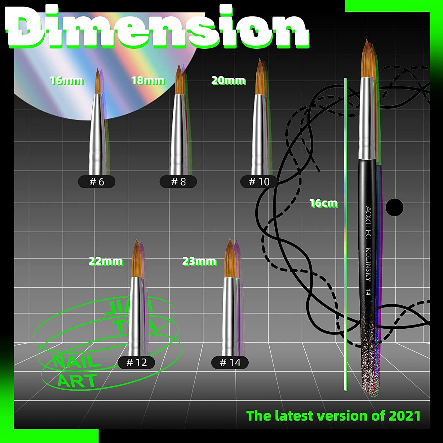 Aokitec Kolinsky Acrylic Nail Brush for Acrylic Powder, #14 Nail Art Brush for Acrylic Application, 