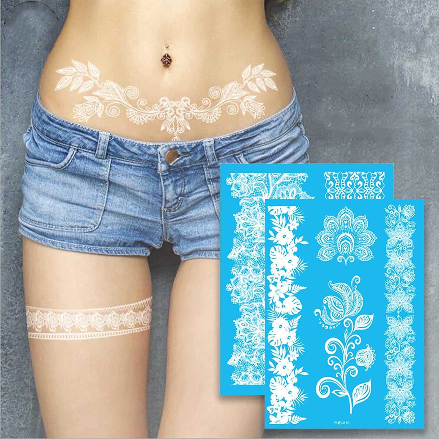 Sttiafay White Lace Temporary Tattoo Thigh Arm Fake Tattoo Art Stickers Lace Body Transfer Tattoo Wa