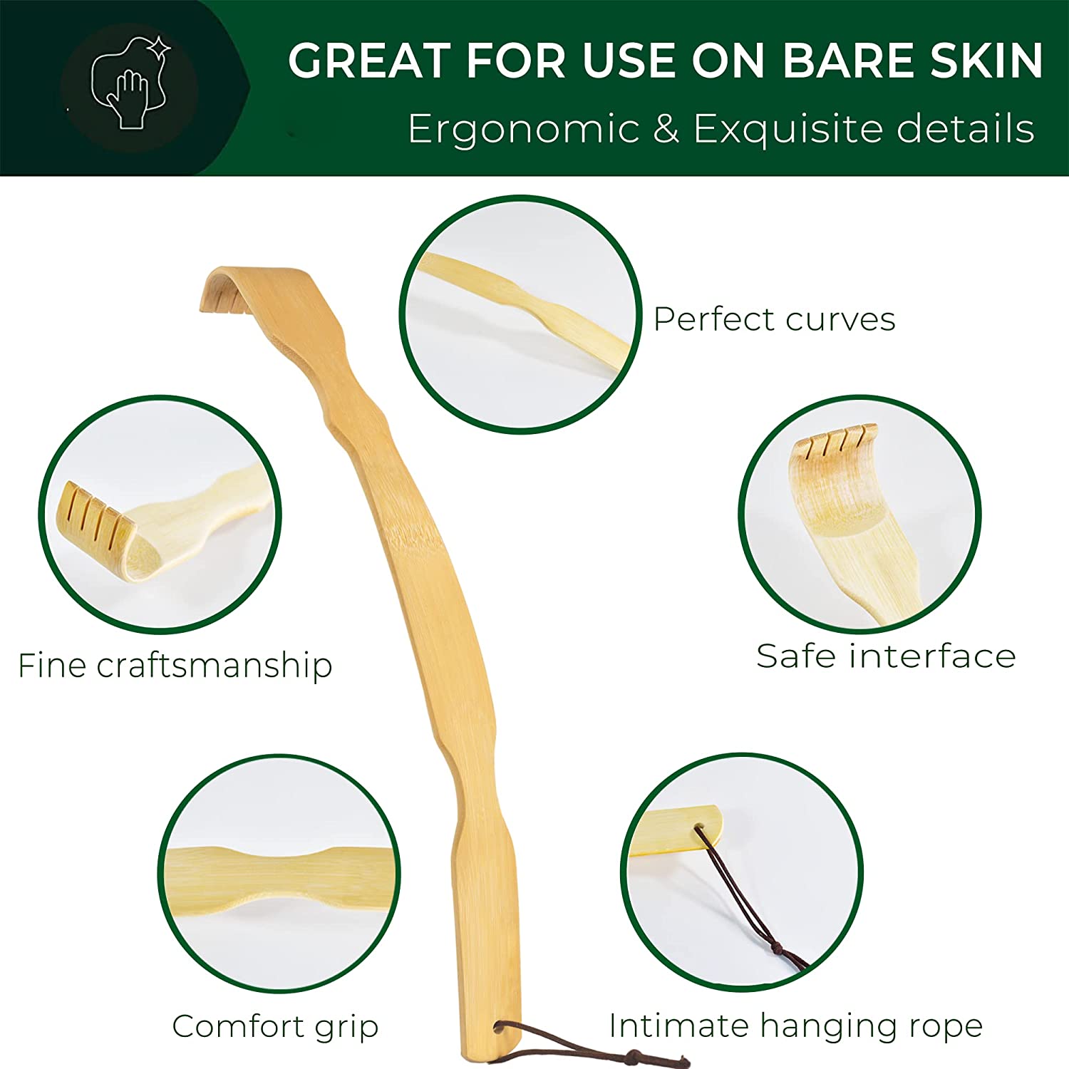 RENOOK Back Scratcher for Men, Women & Kids - Bamboo Scratchers with Curved Handle for Itches - Gent