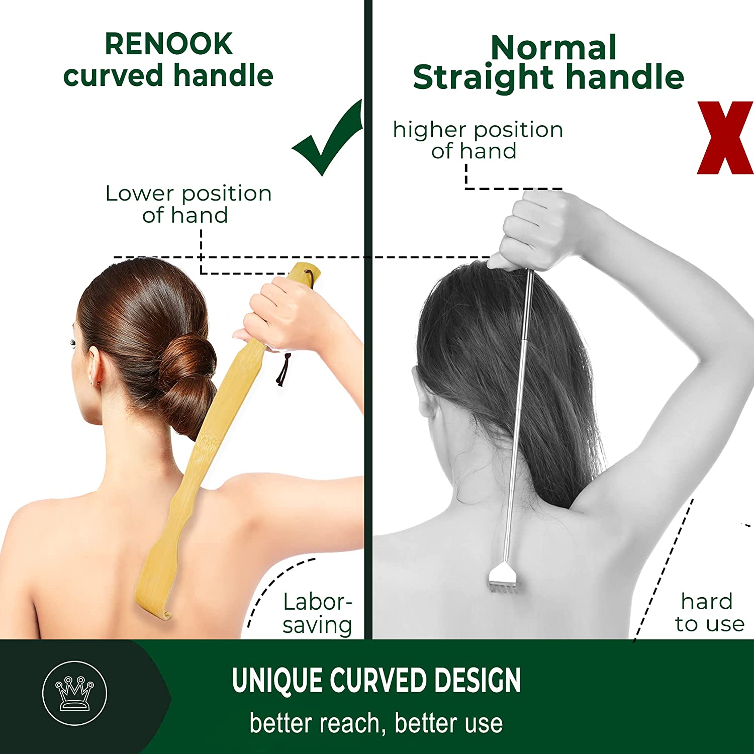 RENOOK Back Scratcher for Men, Women & Kids - Bamboo Scratchers with Curved Handle for Itches - Gent