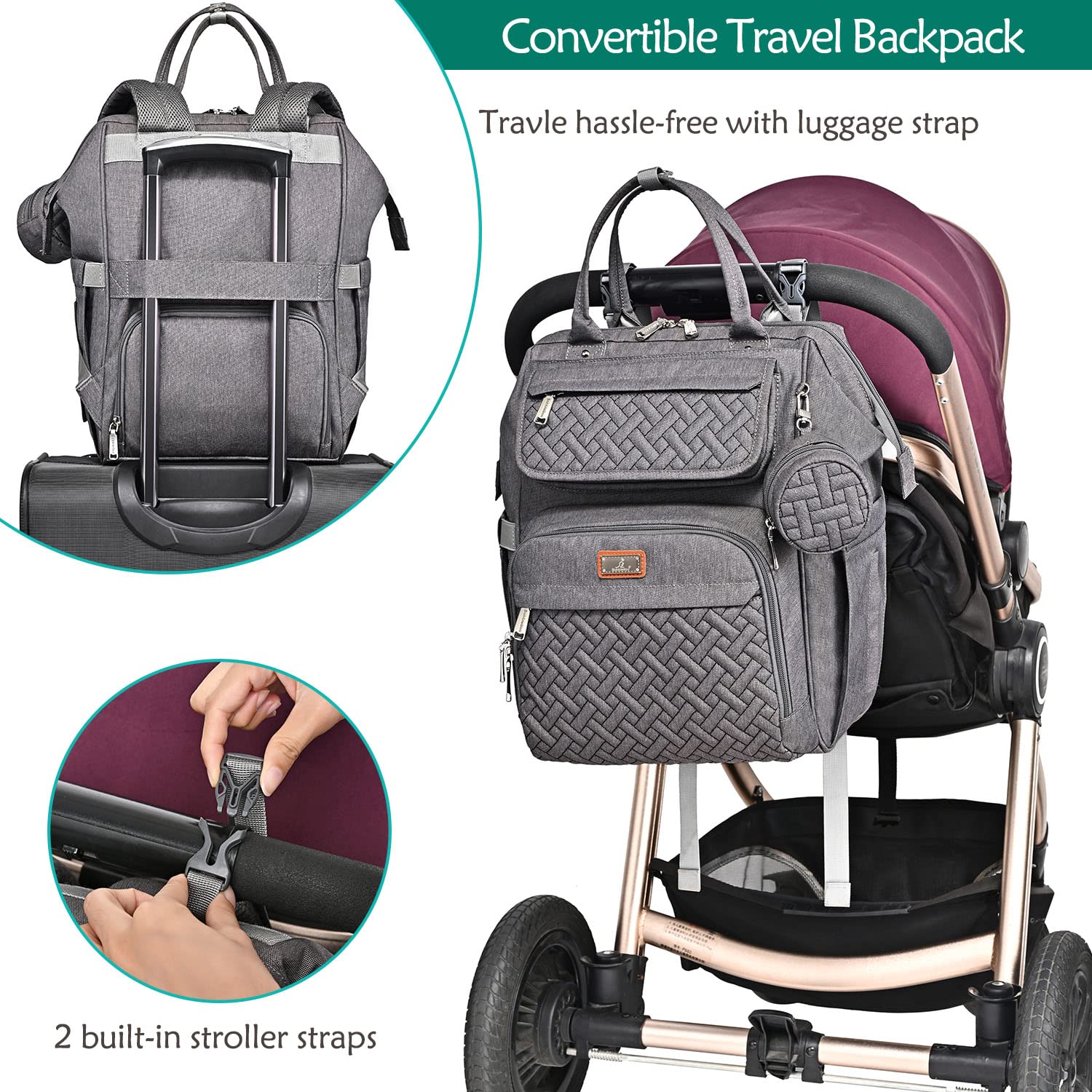 Diaper Bag Backpack, BabbleRoo Multifunction Large Baby Bags with Changing Pad & Stroller Straps & P