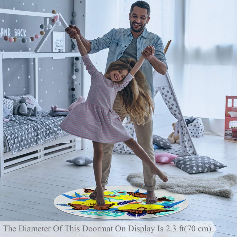 Crawling mat Butterfly Picking Nursery Round Rug for Kids Room Soft and Smooth Suede Surface Non-Sli