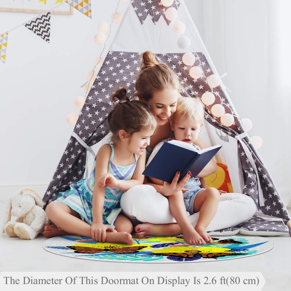 Crawling mat Butterfly Picking Nursery Round Rug for Kids Room Soft and Smooth Suede Surface Non-Sli