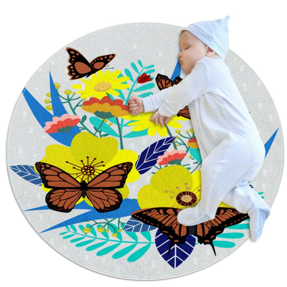 Crawling mat Butterfly Picking Nursery Round Rug for Kids Room Soft and Smooth Suede Surface Non-Sli