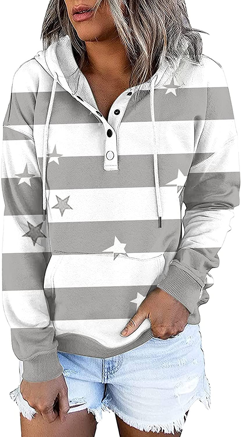 Sweatshirt for Women,Womens Tops Fashion Buttons Pullover Hoodie Autumn Pockets Star Print Long Slee