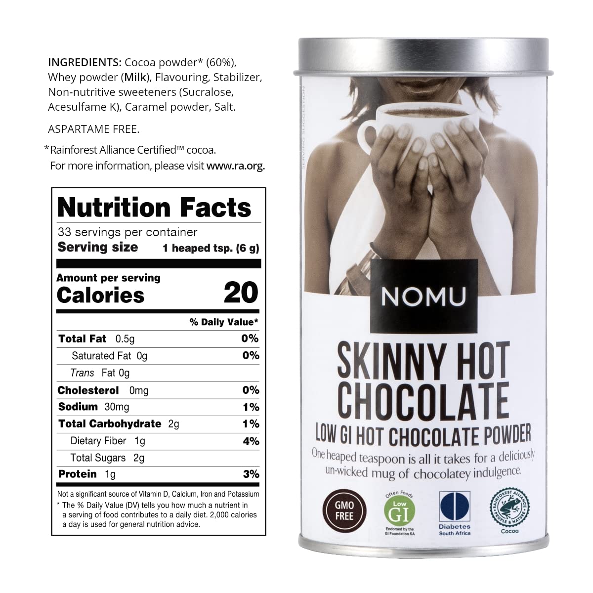 NOMU Skinny 60% Cocoa Hot Chocolate (33 servings) | 20 Calories only, Keto Diet Drink, Low GI, High 
